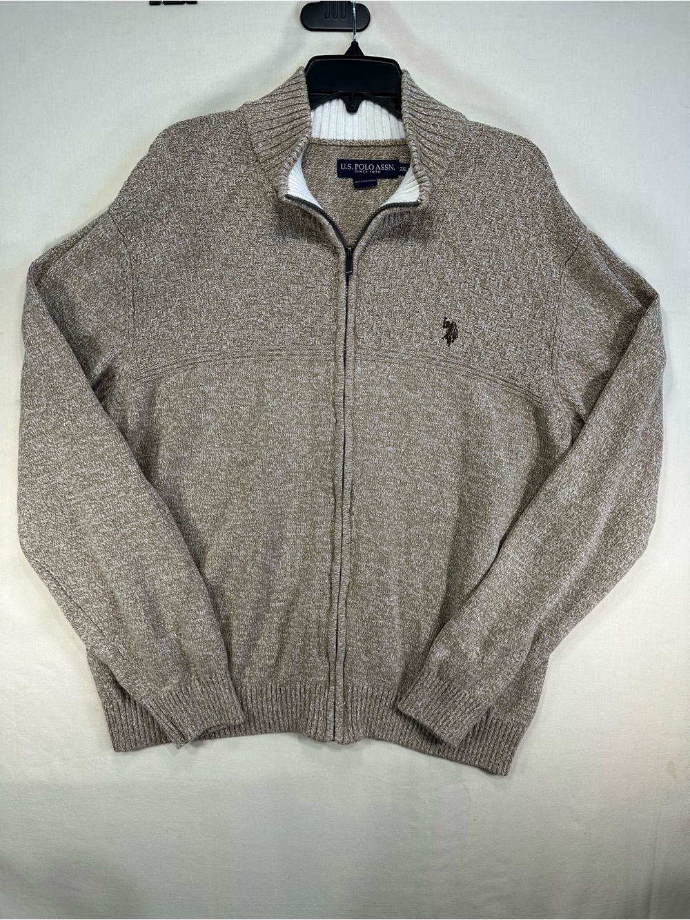U.S. Polo Assn. Men’s Full Zip Knit Yoke Sweater Mock Neck Camel Heather 2XL EUC